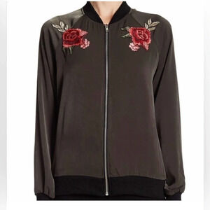 WEST KIE silky soft bomber jacket olive green zip up embroidered roses size L